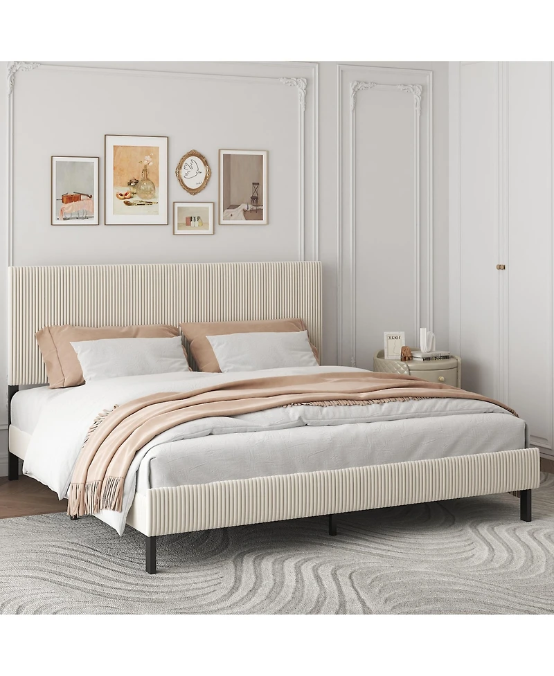 flynama King Size Bed Frame Upholstered Headboard Sturdy Iron Noiseless Easy Assembly