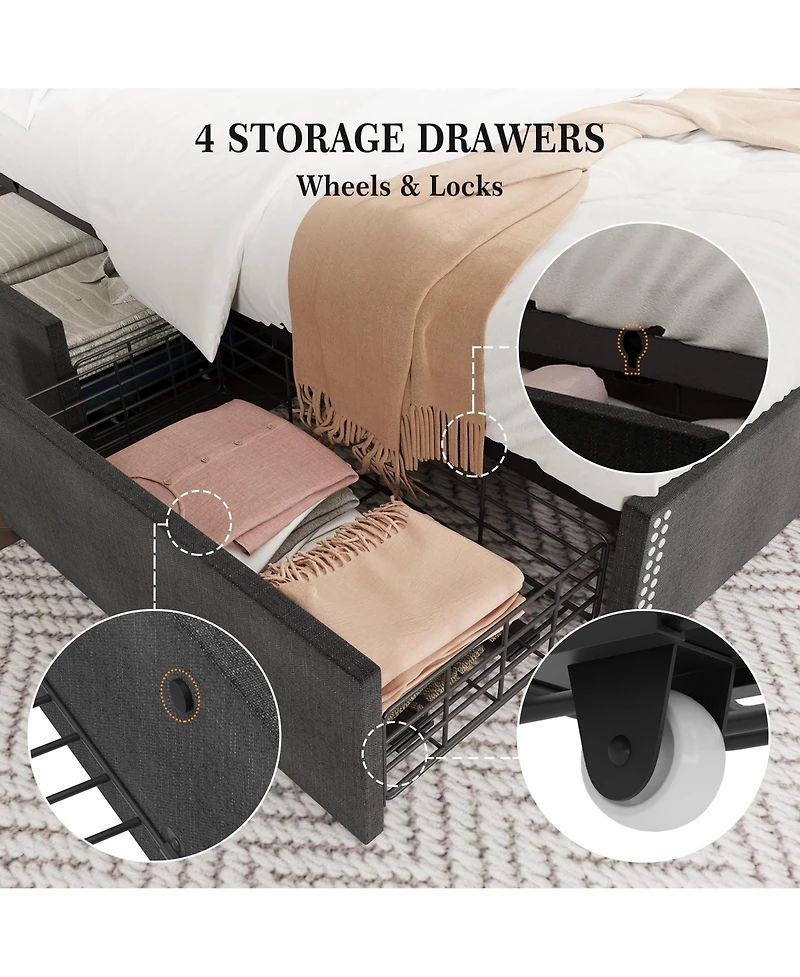 gaomon Bed Frame with Wingback Headboard & 4 Drawers, Upholstered, Charging Station, Button Tufted, No Box Spring