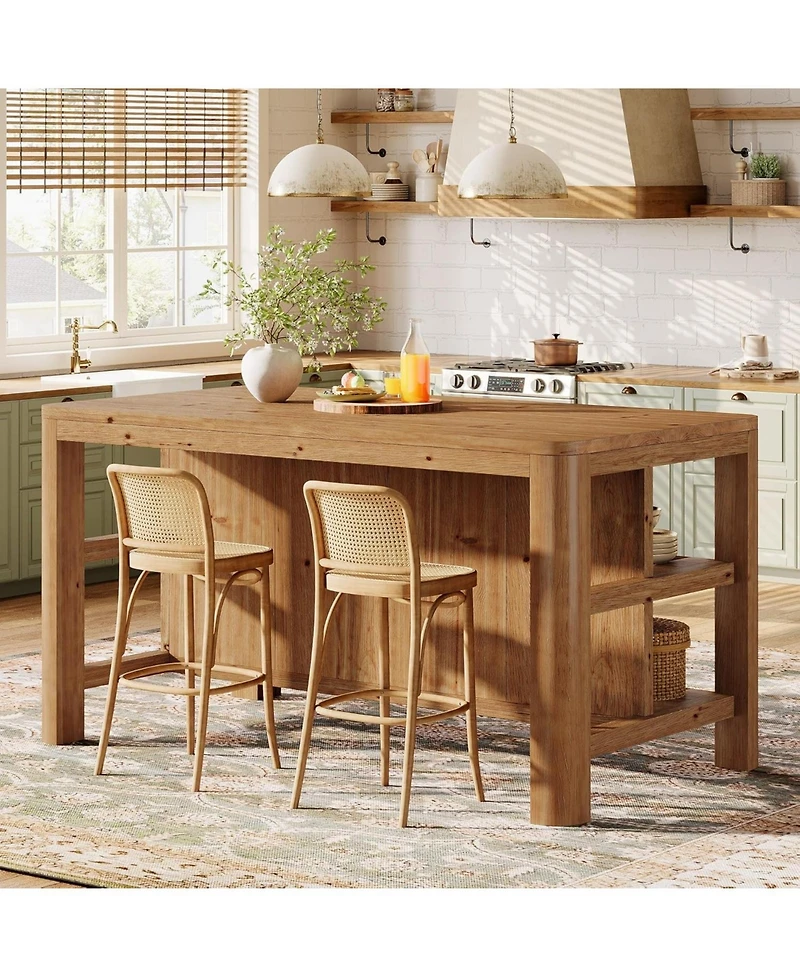 Tribesigns 63-Inch Solid Wood Kitchen Island with Storage Shelves, Farmhouse Island Table with Seating, Counter Height Bar Table