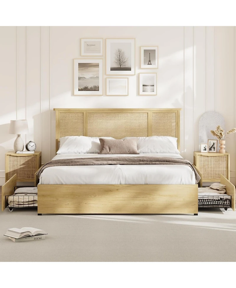 gaomon Bed Frame with Rattan Headboard, 4 Wooden Storage Drawers, Metal Base with Wooden Slats, No Box Spring Needed, Boho Style