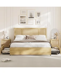 gaomon Bed Frame with Rattan Headboard, 4 Wooden Storage Drawers, Metal Base with Wooden Slats, No Box Spring Needed, Boho Style