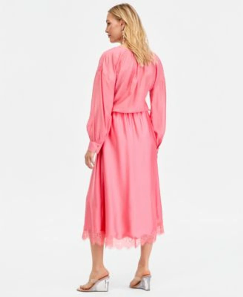 I.N.C. International Concepts Long Sleeve Satin Blouse Lace Trim Midi Skirt Macys Exclusive