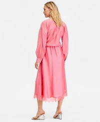 I.N.C. International Concepts Long Sleeve Satin Blouse Lace Trim Midi Skirt Macys Exclusive