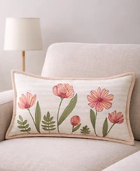 Vibhsa Poppy Garden Spring Embroidered Lumbar Decorative Pillow, 14" x 24"