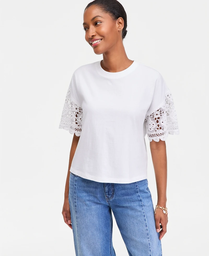 On 34th Women's Crochet-Sleeve Jersey T-Shirt, Macy's Exclusive