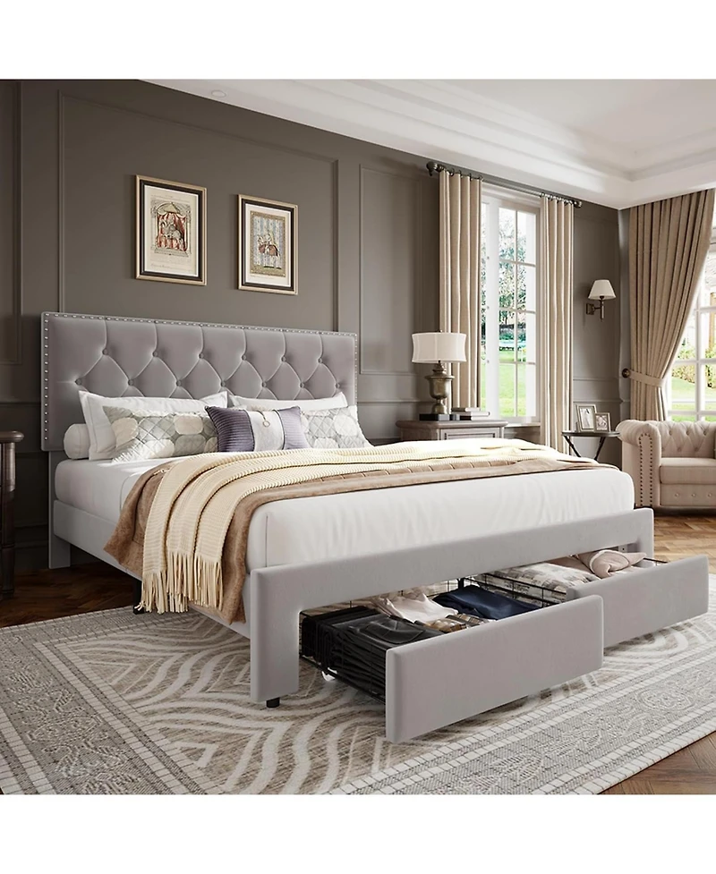 gaomon Queen Size Bed Frame with 2 Storage Drawers, Wooden Slat Support, Velvet Wingback Headboard, No Box Spring, Noise Free