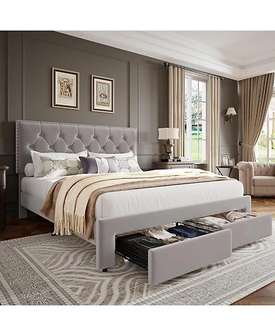 gaomon Queen Size Bed Frame with 2 Storage Drawers, Wooden Slat Support, Velvet Wingback Headboard, No Box Spring, Noise Free