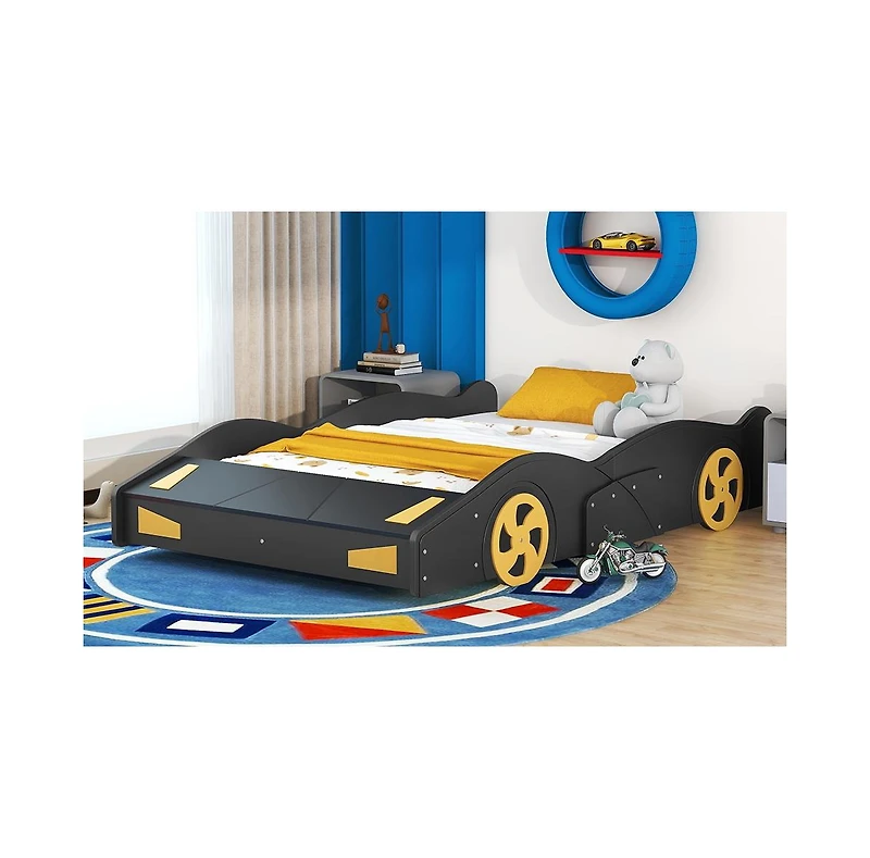 flynama Race Car Shaped Platform Bed Wheels Storage Pine Wood Mdf