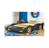 flynama Race Car Shaped Platform Bed Wheels Storage Pine Wood Mdf