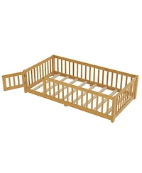 flynama Kids Floor Bed with Safety Guardrails Removable Slats and Door Wood Construction