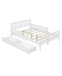 flynama Wood Platform Bed with Dual Side Guardrails Two Storage Drawers and Slat Support