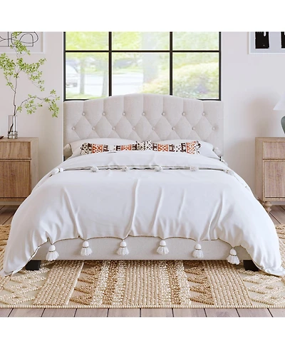 flynama Upholstered Platform Bed Saddle Curved Adjustable Headboard Diamond Tufted Beige No Box Spring