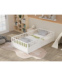 flynama Montessori Wooden Floor Bed With Support Slat High Barrier And Door