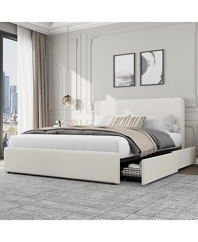 gaomon Queen Size Double Drawer Soft Bag Bed, Corduroy White Upholstered Bed with Storage, Soft and Comfortable Mattress, No Box Spring Needed