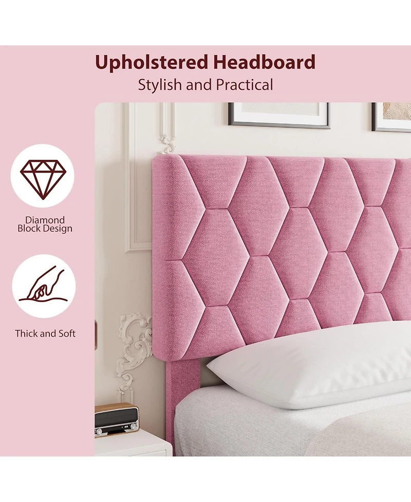 gaomon King Size Mdf + Iron + Fabric Diagonal Grid Soft Mattress, Comfortable Upholstered Bed Frame in Pink, No Box Spring Needed, Space-Saving Design