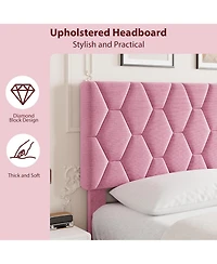 gaomon King Size Mdf + Iron + Fabric Diagonal Grid Soft Mattress, Comfortable Upholstered Bed Frame in Pink, No Box Spring Needed, Space-Saving Design