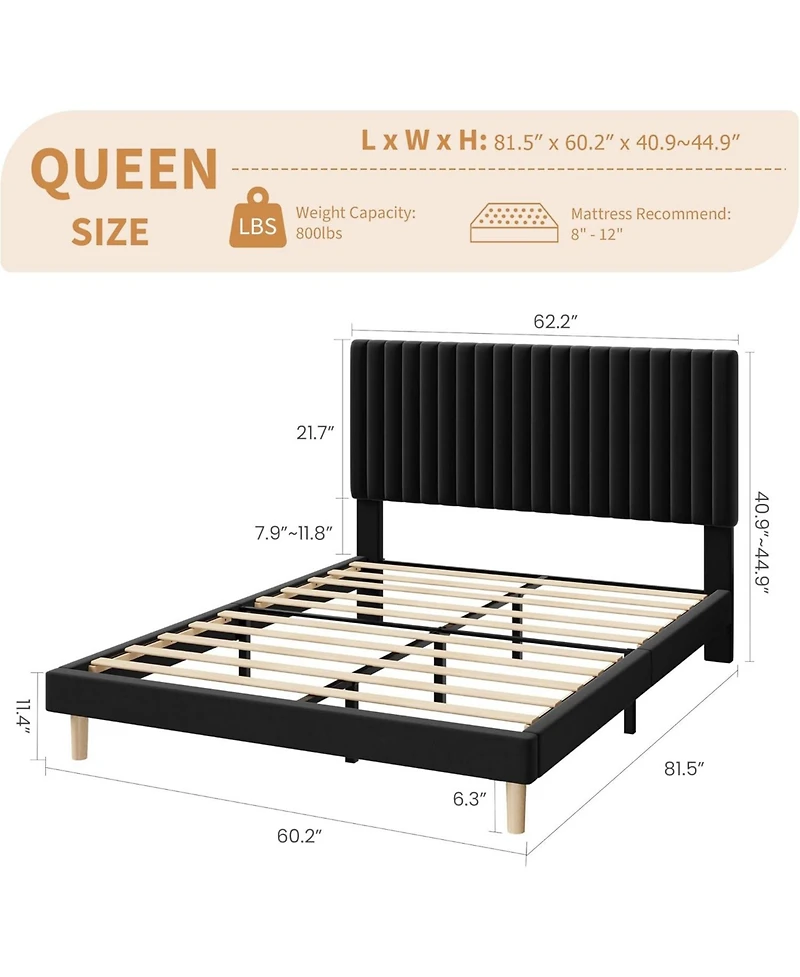 gaomon Queen Size Iron + Mdf Tall Vertical Stripe Bed Frame, Black Upholstered Bed with Modern Design, No Box Spring Needed
