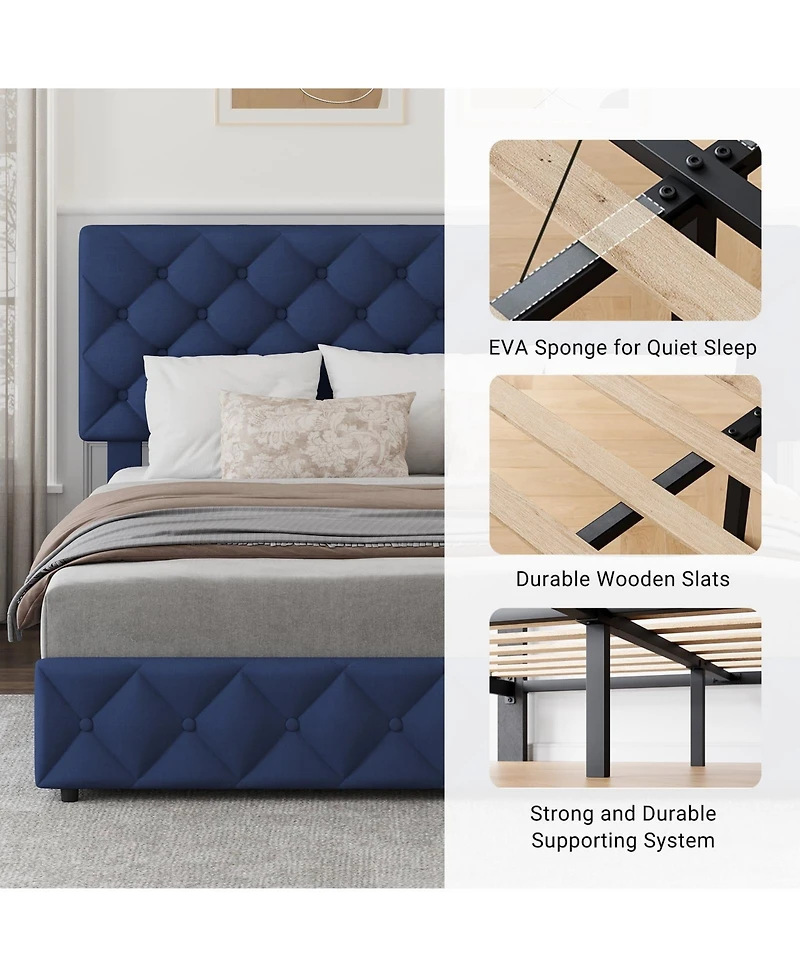 gaomon Queen Bed Frame with Adjustable Headboard & 4 Xl Drawers, Linen Upholstered, Wood Slats, 1000lb Capacity, No Box Spring