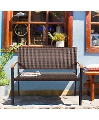 Gymax Patio Wicker Bench All Weather Rattan Chair Loveseat w/ Acacia Armrest