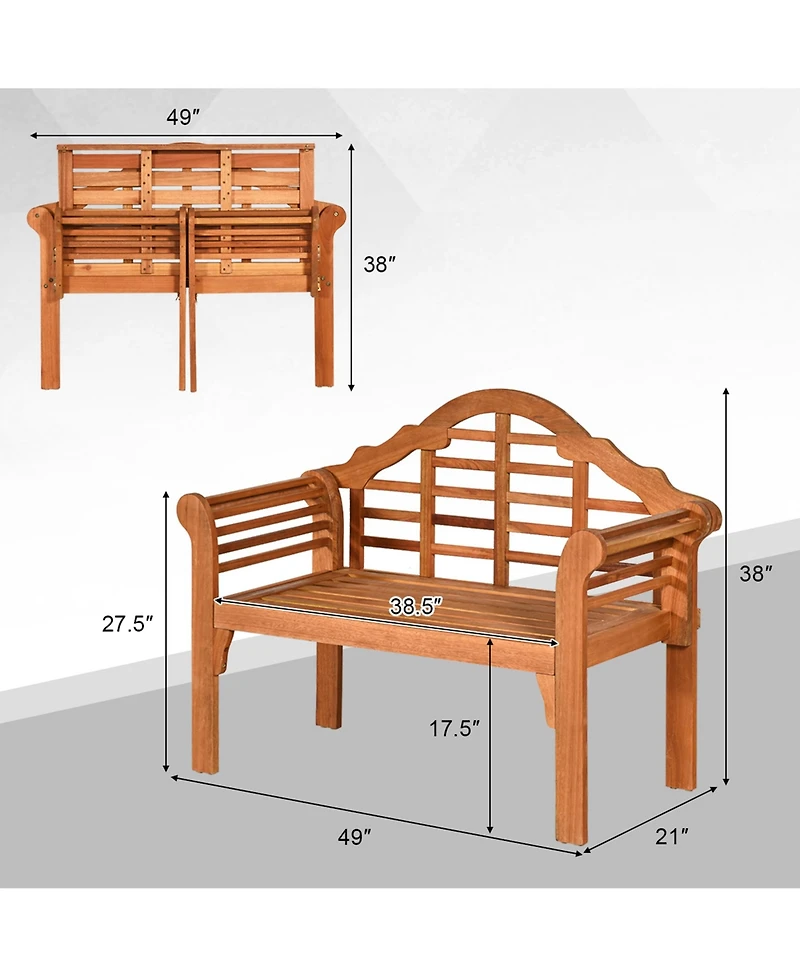 Gymax Foldable Patio Wooden Bench Garden Loveseat with Crown-Like Backrest