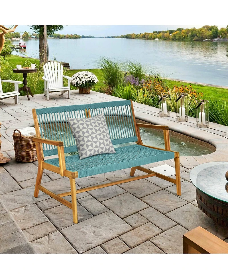 Gymax Wooden Rope Bench Loveseat Patio Garden Outdoor w/ Backrest and Armrest