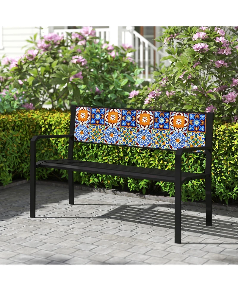 Gymax Patio Metal Bench Classic Slatted Loveseat for 2-3 People w/ Curved Seat