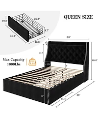 gaomon Queen Bed Frame with Wingback Headboard & 4 Drawers, Velvet Upholstered, Charging Station, Button Tufted, No Box Spring