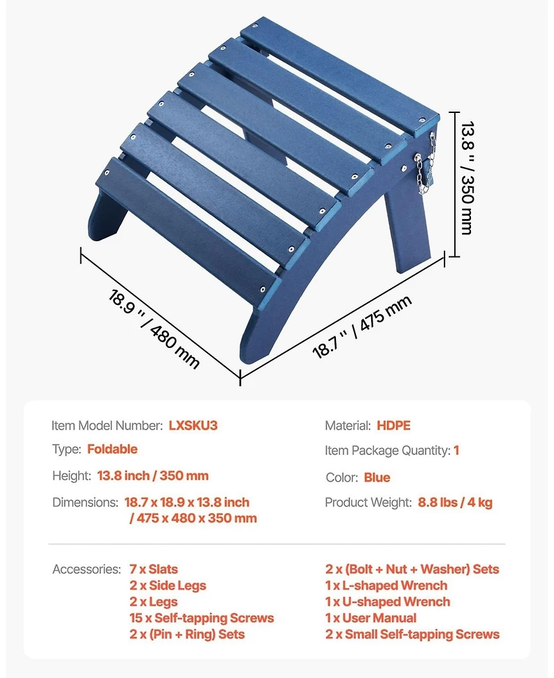 Foldable Hdpe Outdoor Adirondack Ottoman in Vibrant Blue