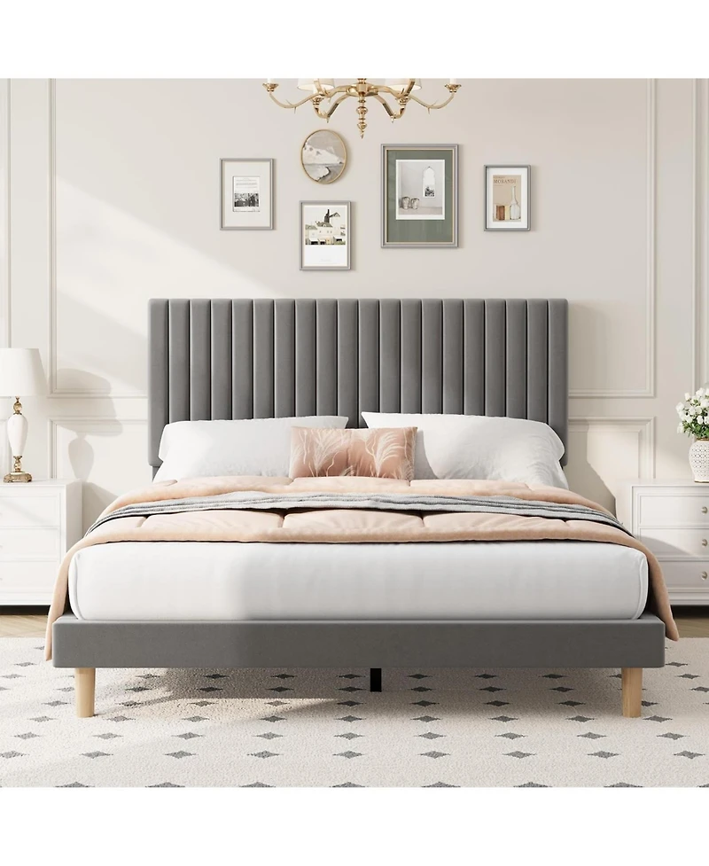 gaomon Queen Size Iron + Mdf Vertical Stripe Bed Frame, Light Gray Upholstered, Modern Design, No Box Spring, Sturdy Construction