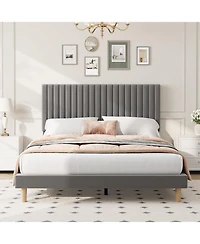 gaomon Queen Size Iron + Mdf Vertical Stripe Bed Frame, Light Gray Upholstered, Modern Design, No Box Spring, Sturdy Construction