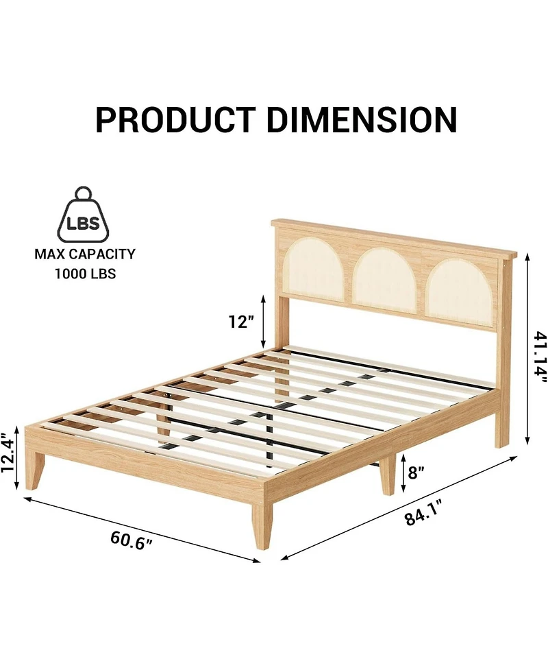 gaomon Queen Boho Rattan Bed Frame with Rgb Led Headboard, Underbed Storage, Solid Wood Slats, No Box Spring, Easy Assembly