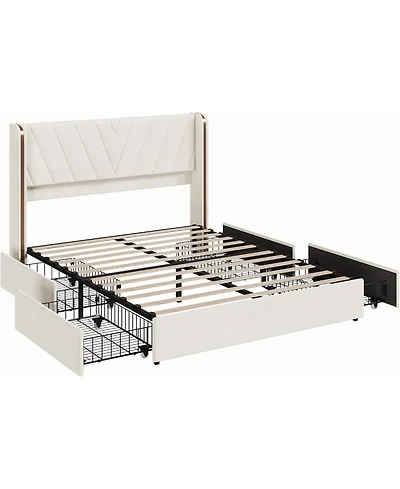 gaomon Queen Velvet Platform Bed Frame with 4 Storage Drawers, Rgb Led Lights & Wingback Headboard, Noise-Free, No Box Spring, Easy Assembly