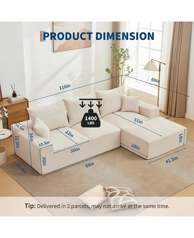 gaomon 110" Modular Sectional Sofa, L-Shaped Cloud Couch with Chaise Lounge