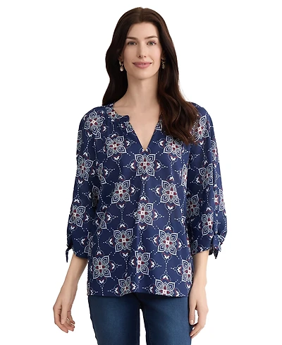 Jones New York Women's Raglan Sleeve V-Neck Printed Cotton Blouse