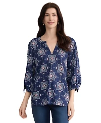 Jones New York Women's Raglan Sleeve V-Neck Printed Cotton Blouse
