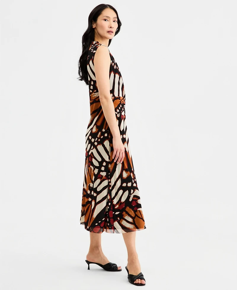 Anne Klein Women's Twist Front Sleeveless Midi Printed Mesh Dress