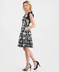 Anne Klein Women's V-Neck Ruffle-Sleeve Embroidered Cotton Dress