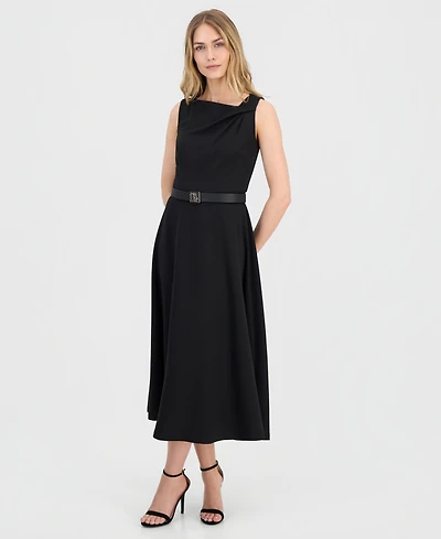 Anne Klein Women's Asymmetric-Neck Belted Midi Dress