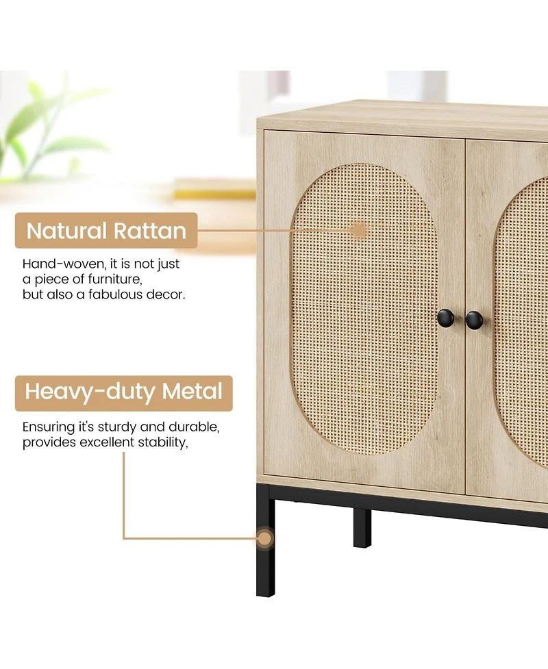 gaomon Set of 2 Rattan Sideboard Chest of Drawers with 2 Rattan and Wood Doors, Adjustable Shelves, Metal Feet, 80 cm Wide