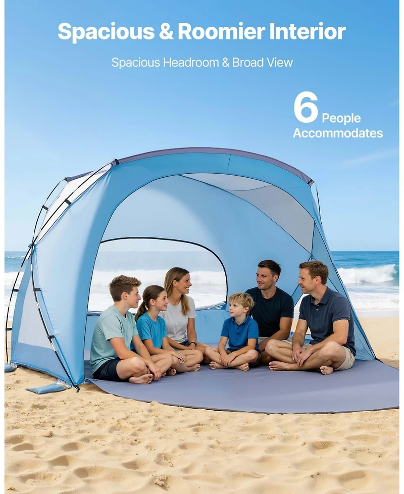 Mecale 6-Person Beach Tent Sun Shelter with Upf 50+ Protection and Sand Pockets