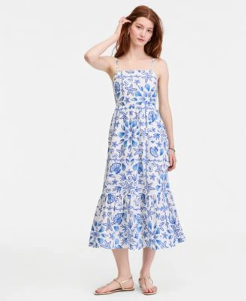 On 34th Womens Cotton Poplin Back Cutout Tiered Midi Dress Macys Exclusive