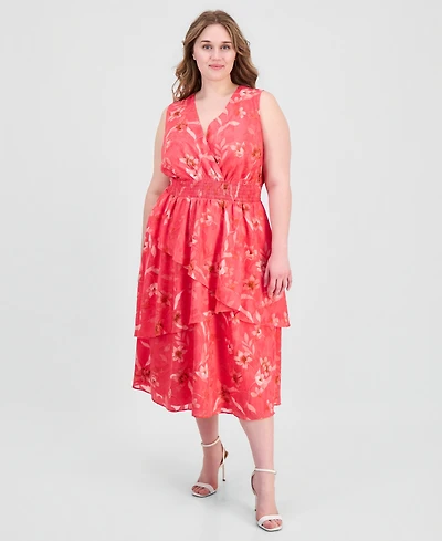 Anne Klein Plus Smocked-Waist Tiered Midi Dress