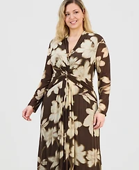 Anne Klein Plus Printed Twist-Front Long-Sleeve Mesh Maxi Dress