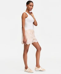 On 34th Women's Stripe Mid-Rise Embroidered Eyelet Linen Blend Pull Shorts, Macy's Exclusive