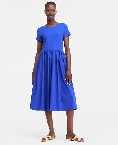 On 34th Women's Short-Sleeve Curved-Waist Mixed-Media Midi Dress, Macy's Exclusive