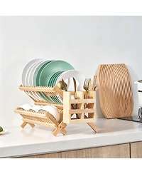 Yigii Bamboo Dish Drying Shelf Collapsible Utensil Holder Kitchen Counter