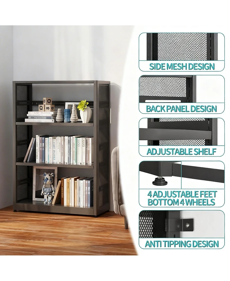 Yigii Industrial Bookshelf Metal Bookcase Adjustable Shelves Storage Organizer
