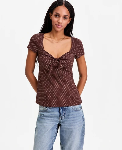 Hippie Rose Juniors' Bunny-Tie Short-Sleeve Sweetheart Top