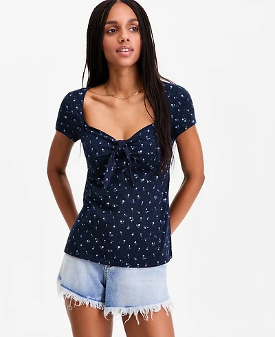 Hippie Rose Juniors' Bunny-Tie Short-Sleeve Sweetheart Top
