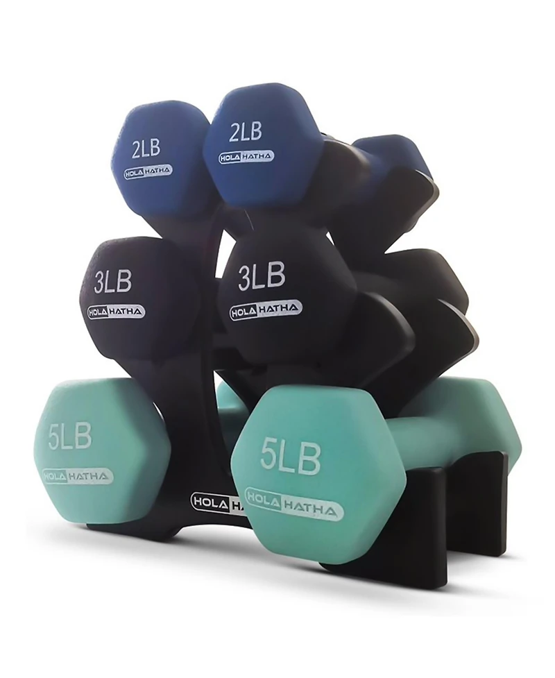 HolaHatha 2, 3, & 5 Pound Neoprene Dumbbell Free Hand Weight Set w/ Rack, Pastel